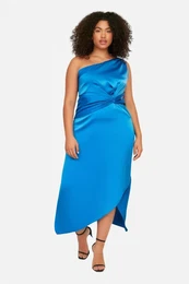 Curve Saxe Satin Chic Asymmetrical Single Sleeve Long Woven Dress