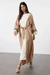 Beige Accessory Detailed Woven Cap & Abaya & Abaya