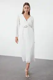 Ecru Belted A-Line Pleated Maxi Lined Chiffon Woven Dress