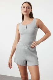 Grey Melange Button Detail Knitted Pajama Set with Ribbed Shorts