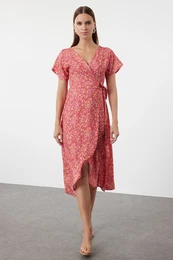 Pink Floral Double Breasted Neck Viscose Woven Dress