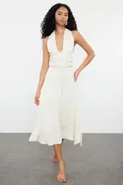 Ecru Midi Knitted Tie-Up Beach Dress