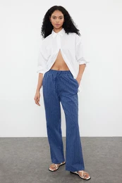 Navy Blue Linen Blend High Waist Striped Wide Leg Trousers