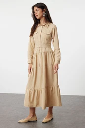 Beige Belted Woven Cotton Shirt Dress