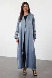 Indigo Embroidered Shiny Long Woven Cap & Abaya & Abaya