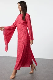 Pink Shawl Collar Floral Patterned Woven Evening Dress