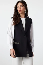 Black Accessory Detailed Fabric Woven Vest