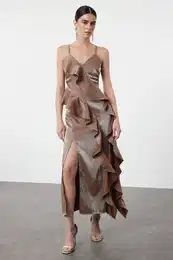 Brown Metallic Look Flounce Detailed Woven Dress