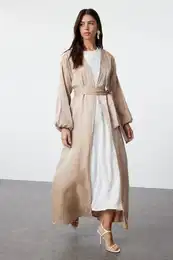 Camel Shiny Pearl Detailed Woven Cap & Abaya & Abaya