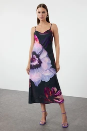 Navy Blue Floral Patterned Midi Satin Woven Dress