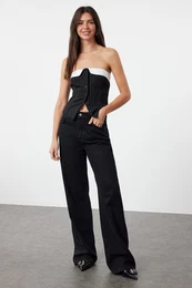 Black Striped Strapless Buttoned Fitted Stretchy Knitted Blouse
