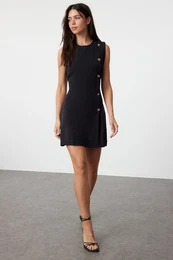 Black Straight Cut Button Detailed Mini Woven Dress