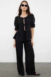Black Textured Fabric Lacing Detailed Balloon Sleeve Woven Blouse-Pants Set