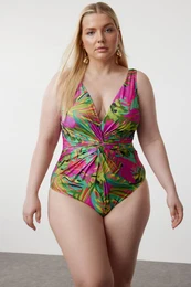 Curve Multicolored Tropical Patterned V-Neck Knotted Swimsuit
