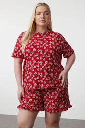 Curve Red Flower Patterned Knitted Pajama Set