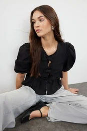 Black Balloon Sleeve Woven Shirt with Tie Detail