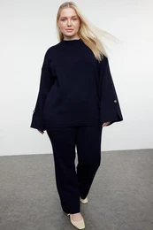 Curve Navy Blue Knitwear Plus Size Bottom-Top Set