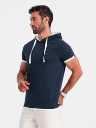 Casual men's cotton t-shirt with hood - navy blue
