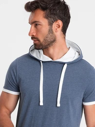 Casual men's cotton t-shirt with hood - dark blue melange