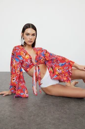 Floral Patterned Crop Woven Tie Beach Blouse