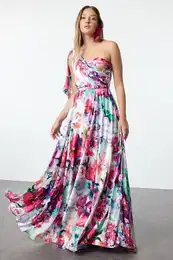Multi-Colored Floral Patterned One-Shoulder Woven Long Elegant Evening Dress