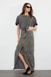 Multicolored Leopard Patterned Brown Midi Denim Skirt