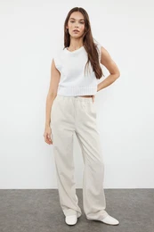 Stone Premium Waist Detailed Linen Blended High Waist Wide Leg Trousers