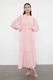 Lined Chiffon Woven Shirt Dress with Dusty Rose Sleeves and Waist Gipe Detail
