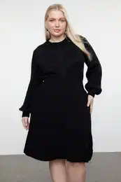 Curve Black Knitted Detailed Corduroy Knitwear Dress
