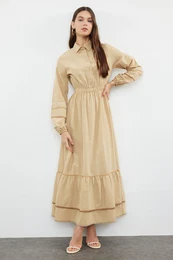Dark Beige Stripe Detailed Half Patchwork Cotton Woven Dress
