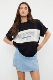 Black 100% Cotton Color Blocked City Printed Oversize/Wide Cut Knitted T-Shirt