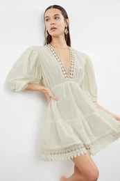 Ecru Mini Woven Lace Detailed 100% Cotton Beach Dress
