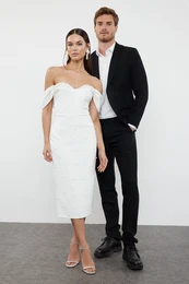 White Pearl Embroidered Shiny Stone Woven Elegant Evening Dress