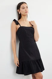 Black Plain A-Line Mini Lined Embroidery Ruffle Detailed