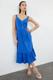 Dark Blue Waist Zipper Detailed Midi Lined Woven Dress