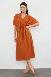Brown Belted A-Line/A-Line Midi Woven Dress
