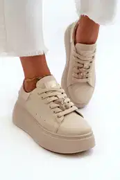 Women's Leather Platform Sneakers with Bow Beige 66641