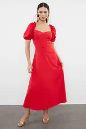 Red A-Cut Balloon Sleeve Detailed Woven Elegant Evening Dress