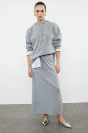 Gray Hooded Skirted Knitwear Top-Bottom Set