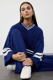 Indigo Color Block Striped Knitwear Top-bottom Skirt Sweater Suit