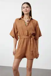 Woven Muslin Beach Jumpsuit with Tile Belt