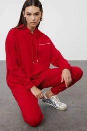 Red Hooded Slogan Printed Knitted Tracksuit