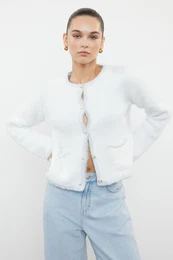 Ecru Furry Jacket Look Knitted Cardigan