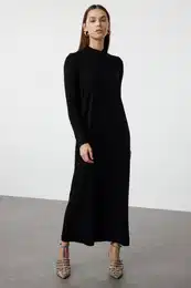 Black Self-Patterned Half Turtleneck Knitwear Zigzag Textured Dress