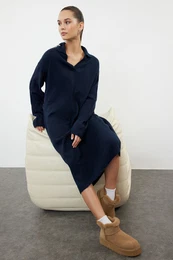 Navy Blue More Sustainable Midi Knit Soft Texture Dress