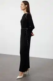 Black Belted Pearl Detailed Embroidered Corduroy Knitwear Dress