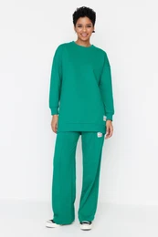 Dark Green Crew Neck Knitted Tracksuit Set with Ornamental Label