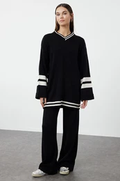 Black Color Block Striped Knitwear Top-Bottom Skirt Sweater Suit