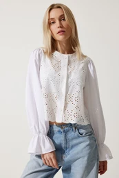Happiness stanbul Women's White Flounce Sleeve Scalloped Poplin Shirt