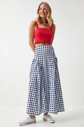Happiness stanbul Women's Blue Gingham Flounced Summer Poplin Skirt